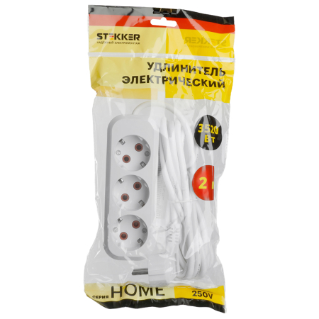 Удлинитель трехместный с/з  STEKKER HM06-31-02 3x1мм2, 2м, серия Home (У10-002), белый 49347
