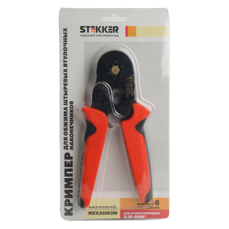Кримпер STEKKER CTLS006-250 для обжима штыревых втулочных наконечников 0,25-6мм2, 6 сегментов,красный, черный 49612