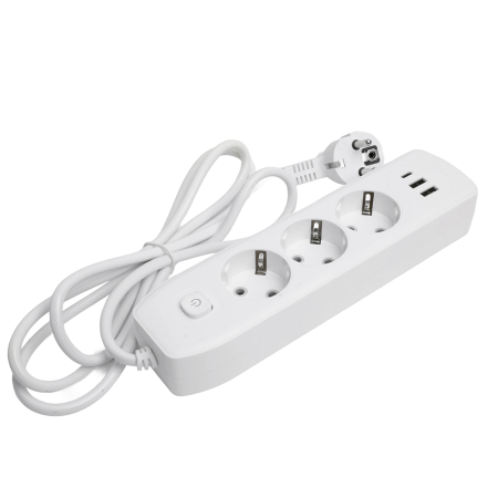 Удлинитель 3-местный c/з 3x1 мм2, 1,8 м, 250В, 10А, 2USB+1Type-C 2,4А, серия Home, белый STEKKER HM08-33-02 49970