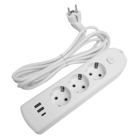 Удлинитель 3-местный c/з 3x1 мм2, 1,8 м, 250В, 10А, 2USB+1Type-C 2,4А, серия Home, белый STEKKER HM08-33-02 49970