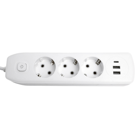 Удлинитель 3-местный c/з 3x1 мм2, 1,8 м, 250В, 10А, 2USB+1Type-C 2,4А, серия Home, белый STEKKER HM08-33-02 49970