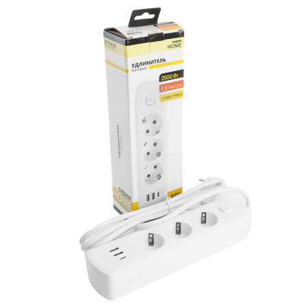 Удлинитель 3-местный c/з 3x1 мм2, 1,8 м, 250В, 10А, 2USB+1Type-C 2,4А, серия Home, белый STEKKER HM08-33-02 49970