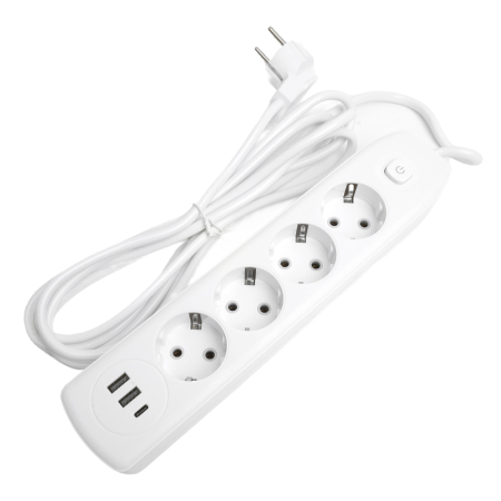 Удлинитель 4-местный c/з 3x1 мм2, 3 м, 250В, 10А, 2USB+1Type-C 2,4А, серия Home, белый STEKKER HM08-43-02 49978