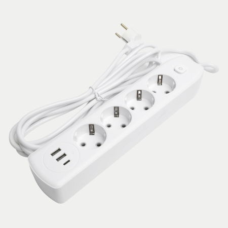 Удлинитель 4-местный c/з 3x1 мм2, 3 м, 250В, 10А, 2USB+1Type-C 2,4А, серия Home, белый STEKKER HM08-43-02 49978