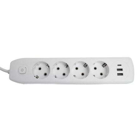 Удлинитель 4-местный c/з 3x1 мм2, 3 м, 250В, 10А, 2USB+1Type-C 2,4А, серия Home, белый STEKKER HM08-43-02 49978