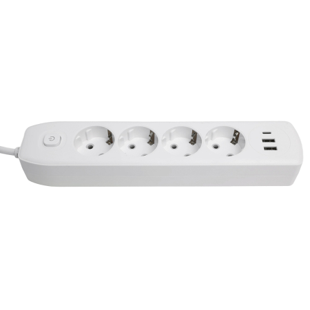 Удлинитель 4-местный c/з 3x1 мм2, 3 м, 250В, 10А, 2USB+1Type-C 2,4А, серия Home, белый STEKKER HM08-43-02 49978