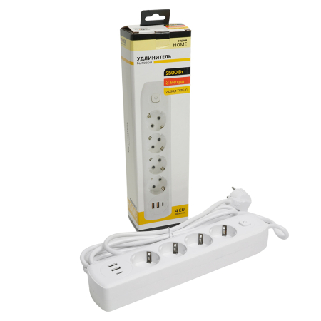 Удлинитель 4-местный c/з 3x1 мм2, 3 м, 250В, 10А, 2USB+1Type-C 2,4А, серия Home, белый STEKKER HM08-43-02 49978
