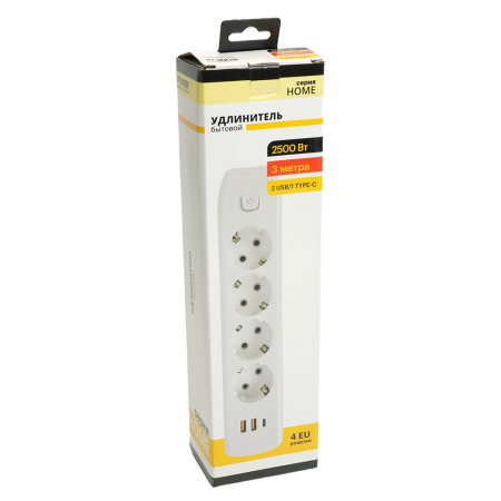 Удлинитель 4-местный c/з 3x1 мм2, 3 м, 250В, 10А, 2USB+1Type-C 2,4А, серия Home, белый STEKKER HM08-43-02 49978