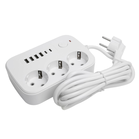 Удлинитель 3-местный c/з 3x1 мм2, 3 м, 250В, 10А, 4USB+2Type-C 2,4А, серия Home, белый STEKKER HM09-36-02 49979