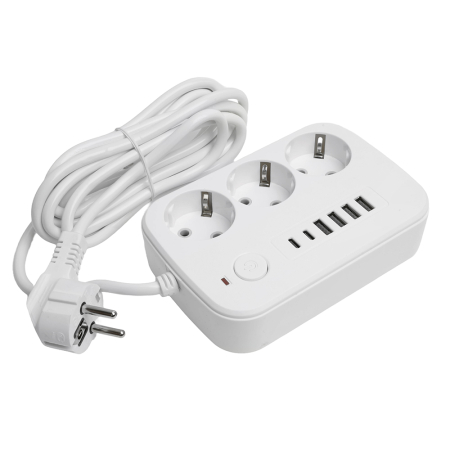 Удлинитель 3-местный c/з 3x1 мм2, 3 м, 250В, 10А, 4USB+2Type-C 2,4А, серия Home, белый STEKKER HM09-36-02 49979