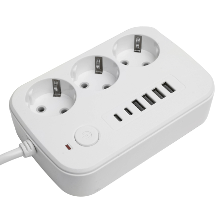 Удлинитель 3-местный c/з 3x1 мм2, 3 м, 250В, 10А, 4USB+2Type-C 2,4А, серия Home, белый STEKKER HM09-36-02 49979