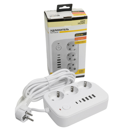 Удлинитель 3-местный c/з 3x1 мм2, 3 м, 250В, 10А, 4USB+2Type-C 2,4А, серия Home, белый STEKKER HM09-36-02 49979