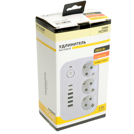 Удлинитель 3-местный c/з 3x1 мм2, 3 м, 250В, 10А, 4USB+2Type-C 2,4А, серия Home, белый STEKKER HM09-36-02 49979