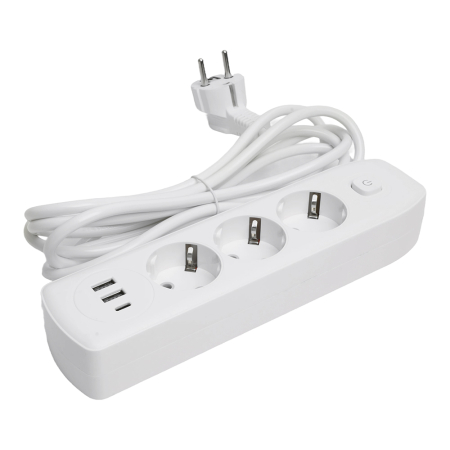 Удлинитель 3-местный c/з 3x1 мм2, 3 м, 250В, 10А, 2USB+1Type-C 2,4А, серия Home, белый STEKKER HM08-33-02 49977