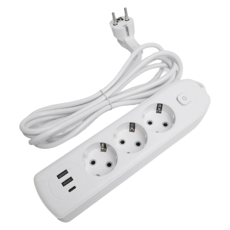 Удлинитель 3-местный c/з 3x1 мм2, 3 м, 250В, 10А, 2USB+1Type-C 2,4А, серия Home, белый STEKKER HM08-33-02 49977