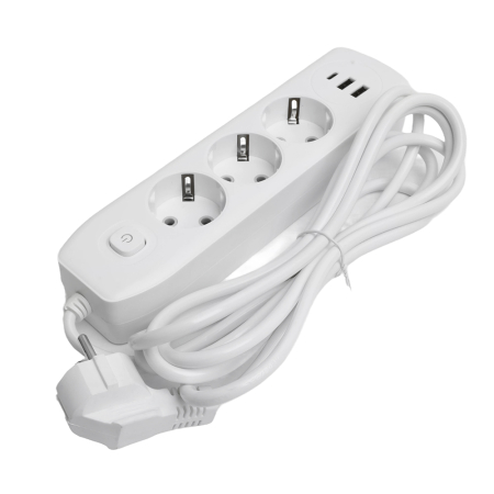 Удлинитель 3-местный c/з 3x1 мм2, 3 м, 250В, 10А, 2USB+1Type-C 2,4А, серия Home, белый STEKKER HM08-33-02 49977