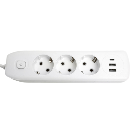 Удлинитель 3-местный c/з 3x1 мм2, 3 м, 250В, 10А, 2USB+1Type-C 2,4А, серия Home, белый STEKKER HM08-33-02 49977
