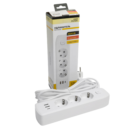 Удлинитель 3-местный c/з 3x1 мм2, 3 м, 250В, 10А, 2USB+1Type-C 2,4А, серия Home, белый STEKKER HM08-33-02 49977
