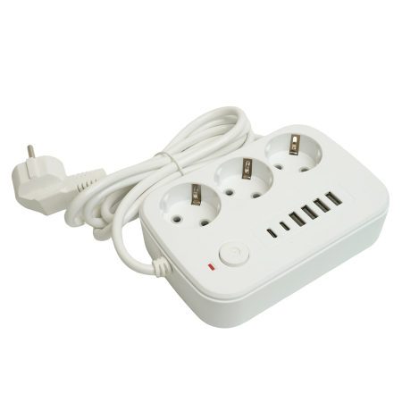 Удлинитель 3-местный c/з 3x1 мм2, 1,8 м, 250В, 10А, 4USB+2Type-C 2,4А, серия Home, белый STEKKER HM09-36-02 49972
