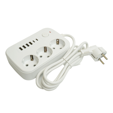 Удлинитель 3-местный c/з 3x1 мм2, 1,8 м, 250В, 10А, 4USB+2Type-C 2,4А, серия Home, белый STEKKER HM09-36-02 49972