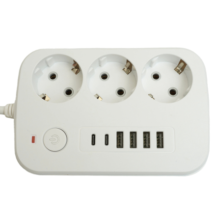 Удлинитель 3-местный c/з 3x1 мм2, 1,8 м, 250В, 10А, 4USB+2Type-C 2,4А, серия Home, белый STEKKER HM09-36-02 49972