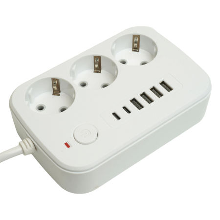 Удлинитель 3-местный c/з 3x1 мм2, 1,8 м, 250В, 10А, 4USB+2Type-C 2,4А, серия Home, белый STEKKER HM09-36-02 49972