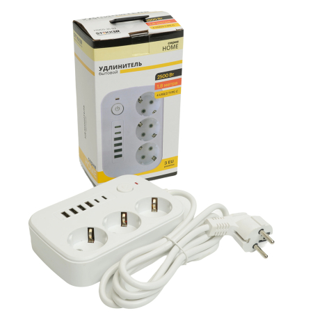 Удлинитель 3-местный c/з 3x1 мм2, 1,8 м, 250В, 10А, 4USB+2Type-C 2,4А, серия Home, белый STEKKER HM09-36-02 49972