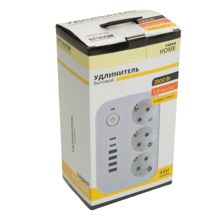 Удлинитель 3-местный c/з 3x1 мм2, 1,8 м, 250В, 10А, 4USB+2Type-C 2,4А, серия Home, белый STEKKER HM09-36-02 49972