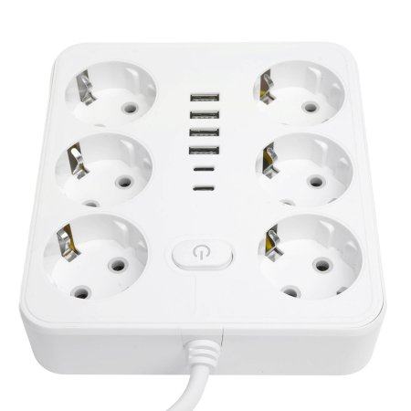Удлинитель 6-местный c/з 3x1 мм2, 1,8 м, 250В, 10А, 4USB+2Type-C 2,4А, серия Home, белый STEKKER HM09-66-02 49975