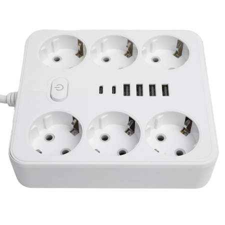 Удлинитель 6-местный c/з 3x1 мм2, 1,8 м, 250В, 10А, 4USB+2Type-C 2,4А, серия Home, белый STEKKER HM09-66-02 49975