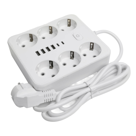 Удлинитель 6-местный c/з 3x1 мм2, 1,8 м, 250В, 10А, 4USB+2Type-C 2,4А, серия Home, белый STEKKER HM09-66-02 49975