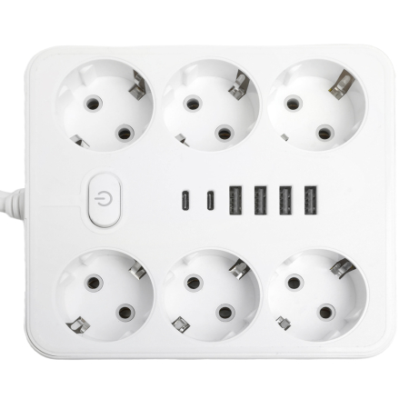Удлинитель 6-местный c/з 3x1 мм2, 1,8 м, 250В, 10А, 4USB+2Type-C 2,4А, серия Home, белый STEKKER HM09-66-02 49975