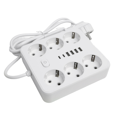 Удлинитель 6-местный c/з 3x1 мм2, 1,8 м, 250В, 10А, 4USB+2Type-C 2,4А, серия Home, белый STEKKER HM09-66-02 49975