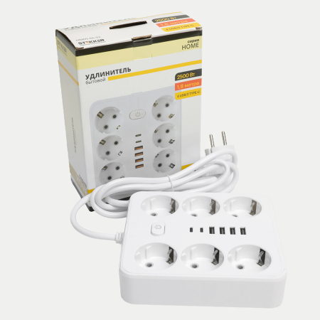 Удлинитель 6-местный c/з 3x1 мм2, 1,8 м, 250В, 10А, 4USB+2Type-C 2,4А, серия Home, белый STEKKER HM09-66-02 49975