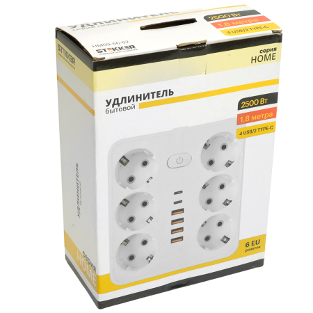 Удлинитель 6-местный c/з 3x1 мм2, 1,8 м, 250В, 10А, 4USB+2Type-C 2,4А, серия Home, белый STEKKER HM09-66-02 49975