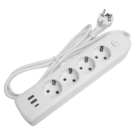 Удлинитель 4-местный c/з 3x1 мм2, 1,8 м, 250В, 10А, 2USB+1Type-C 2,4А, серия Home, белый STEKKER HM08-43-02 49971