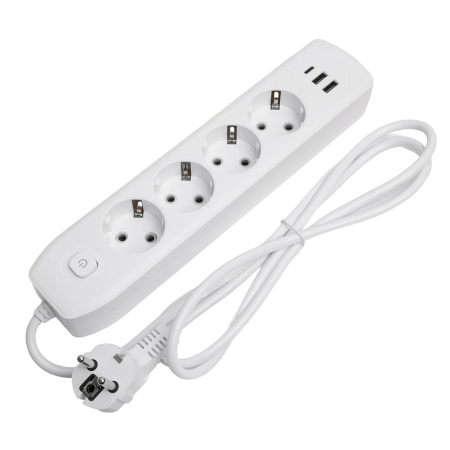 Удлинитель 4-местный c/з 3x1 мм2, 1,8 м, 250В, 10А, 2USB+1Type-C 2,4А, серия Home, белый STEKKER HM08-43-02 49971