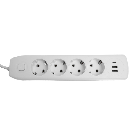 Удлинитель 4-местный c/з 3x1 мм2, 1,8 м, 250В, 10А, 2USB+1Type-C 2,4А, серия Home, белый STEKKER HM08-43-02 49971