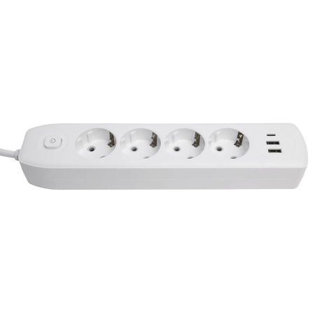 Удлинитель 4-местный c/з 3x1 мм2, 1,8 м, 250В, 10А, 2USB+1Type-C 2,4А, серия Home, белый STEKKER HM08-43-02 49971