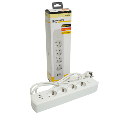 Удлинитель 4-местный c/з 3x1 мм2, 1,8 м, 250В, 10А, 2USB+1Type-C 2,4А, серия Home, белый STEKKER HM08-43-02 49971