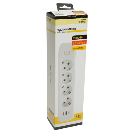 Удлинитель 4-местный c/з 3x1 мм2, 1,8 м, 250В, 10А, 2USB+1Type-C 2,4А, серия Home, белый STEKKER HM08-43-02 49971
