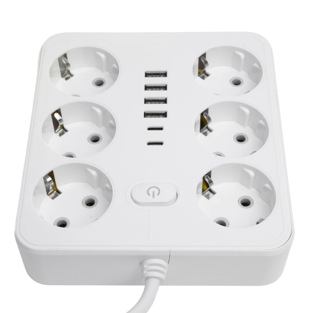 Удлинитель 6-местный c/з 3x1 мм2, 3 м, 250В, 10А, 4USB+2Type-C 2,4А, серия Home, белый STEKKER HM09-66-02 49982