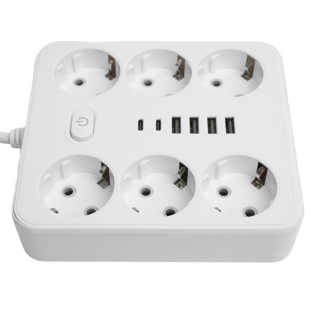 Удлинитель 6-местный c/з 3x1 мм2, 3 м, 250В, 10А, 4USB+2Type-C 2,4А, серия Home, белый STEKKER HM09-66-02 49982