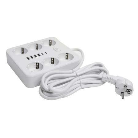 Удлинитель 6-местный c/з 3x1 мм2, 3 м, 250В, 10А, 4USB+2Type-C 2,4А, серия Home, белый STEKKER HM09-66-02 49982