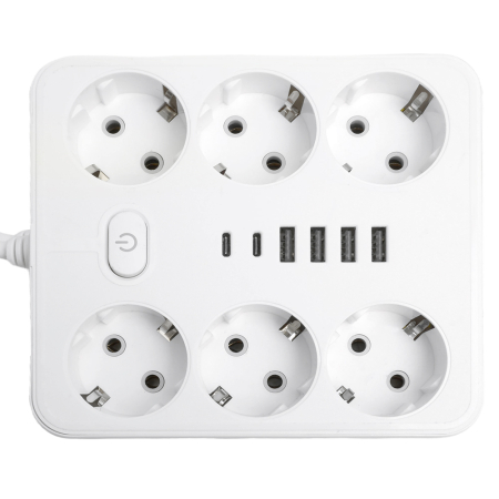 Удлинитель 6-местный c/з 3x1 мм2, 3 м, 250В, 10А, 4USB+2Type-C 2,4А, серия Home, белый STEKKER HM09-66-02 49982