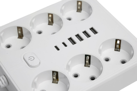 Удлинитель 6-местный c/з 3x1 мм2, 3 м, 250В, 10А, 4USB+2Type-C 2,4А, серия Home, белый STEKKER HM09-66-02 49982