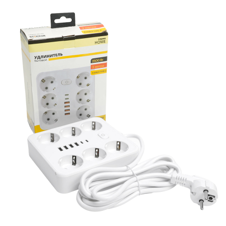 Удлинитель 6-местный c/з 3x1 мм2, 3 м, 250В, 10А, 4USB+2Type-C 2,4А, серия Home, белый STEKKER HM09-66-02 49982