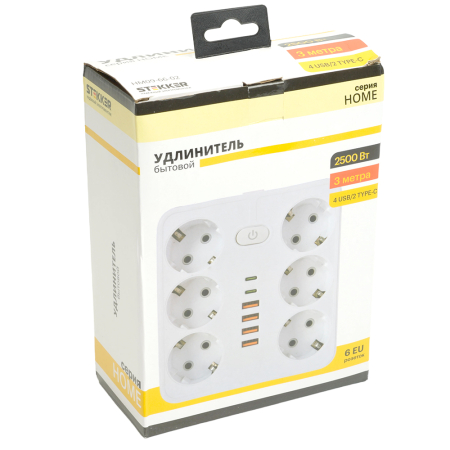 Удлинитель 6-местный c/з 3x1 мм2, 3 м, 250В, 10А, 4USB+2Type-C 2,4А, серия Home, белый STEKKER HM09-66-02 49982