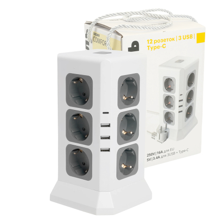 Удлинитель 12-местн с/з, 3x1мм2, 1.5м,250В,16А, 3520Вт 3USB A + 1C 5V 3,4A, белый, серый серия Comfort HM10-61-01 49991