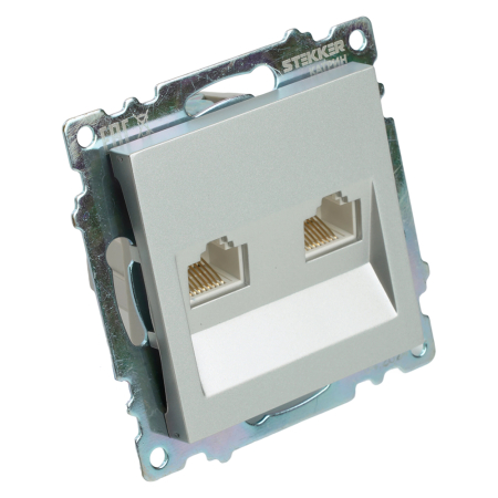 Розетка компьютерная 2-местная RJ-45 (механизм) STEKKER GLS00-7109-03 , серия Катрин, серебро 50005
